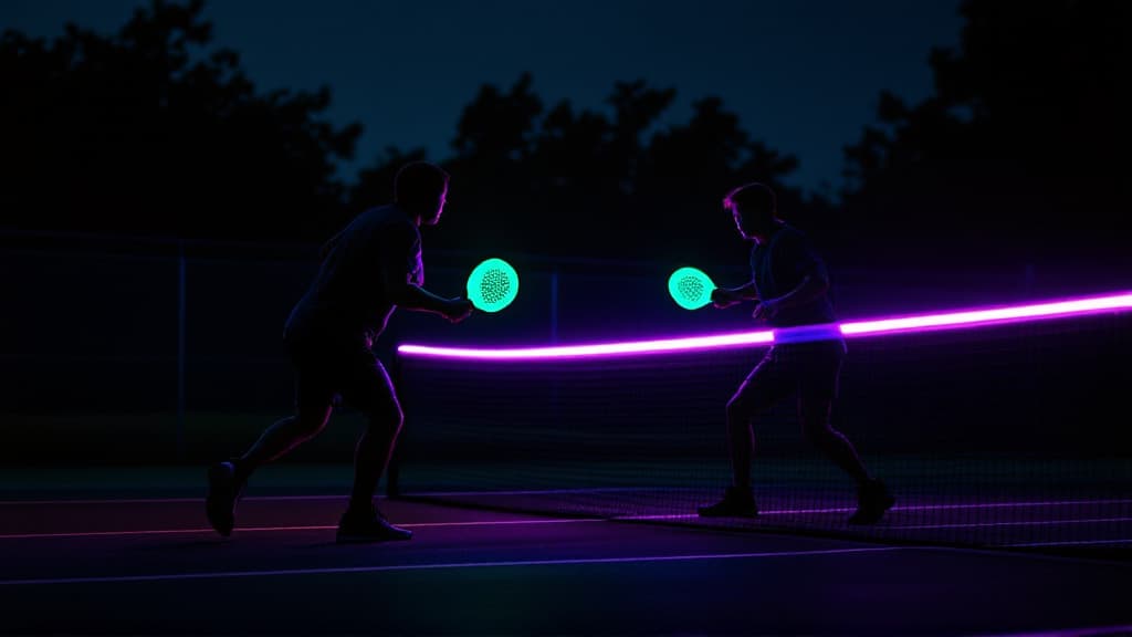 Setting up the After Hours Glow Kit on a pickleball court at night