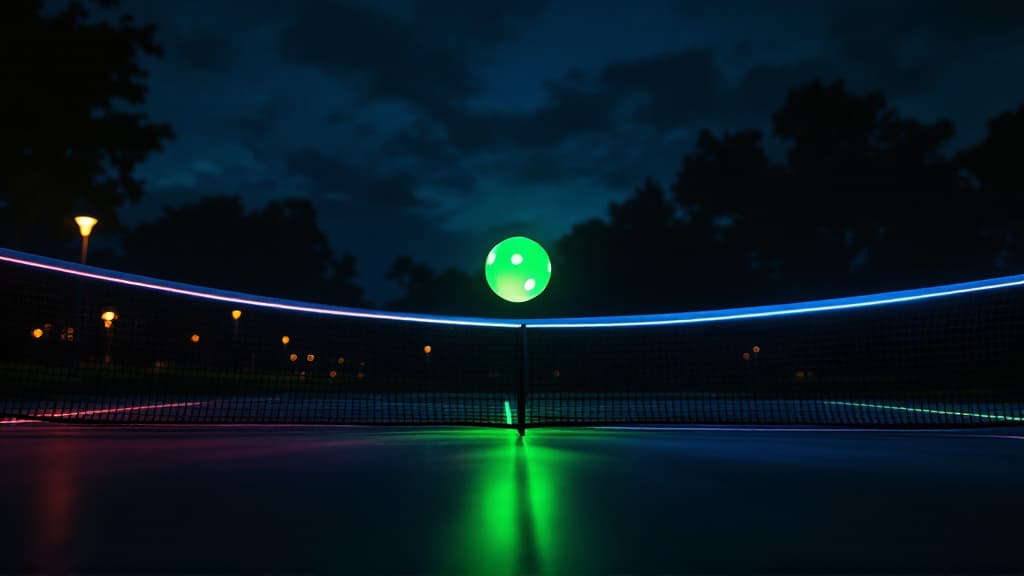 Night pickleball game with glowing equipment